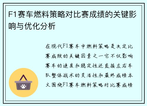 F1赛车燃料策略对比赛成绩的关键影响与优化分析